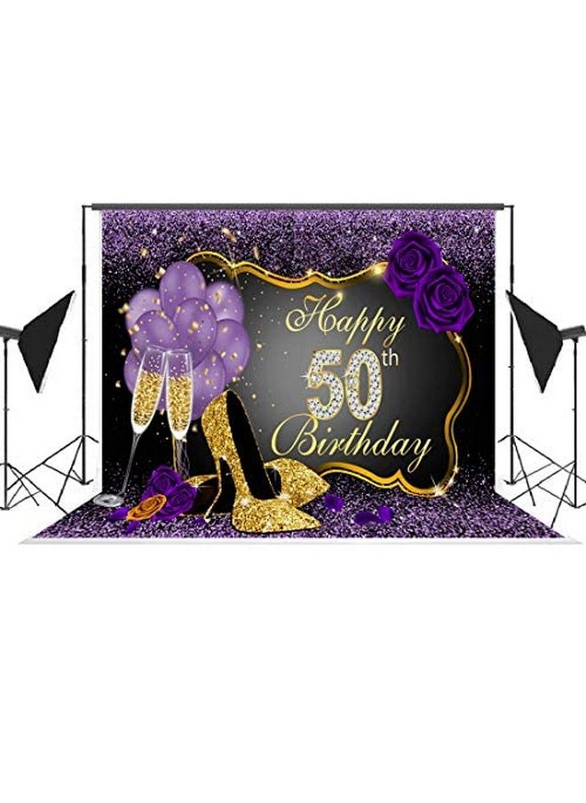 LoveInM Happy 50Th Birthday Backdrops Shining Purple Dots And Gold Frame Photography Background For Party Decorations Rose Floral Balloons Heels Champagne Glass Party Banner Supplies Photo Studio Props 7X5Ft  - Image 5