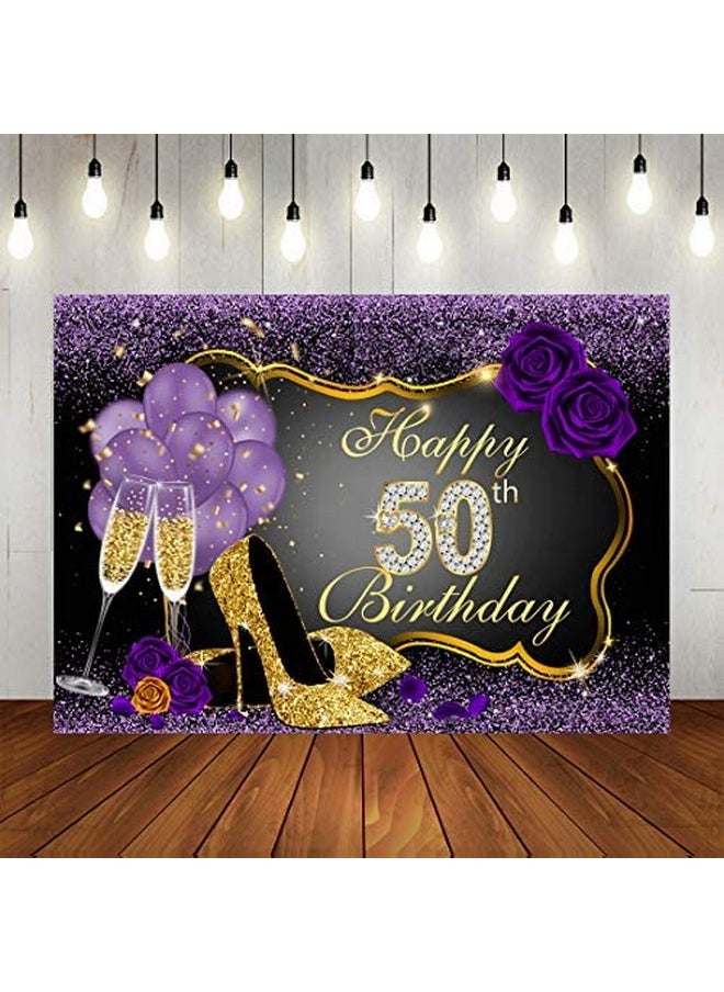 LoveInM Happy 50Th Birthday Backdrops Shining Purple Dots And Gold Frame Photography Background For Party Decorations Rose Floral Balloons Heels Champagne Glass Party Banner Supplies Photo Studio Props 7X5Ft  - Image 2