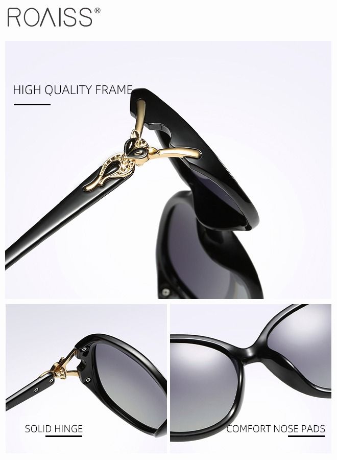 رويس نظارة شمسية مستقطبة بيضاوية نسائية، نظارة الشمس الواقية من الأشعة فوق البنفسجية 400 بإطار أسود مزين بنمط الثعلب، ظلال شمس مضادة للوهج عصرية أنيقة للنساء مع حافظة النظارة، 58 ملم - Image 4