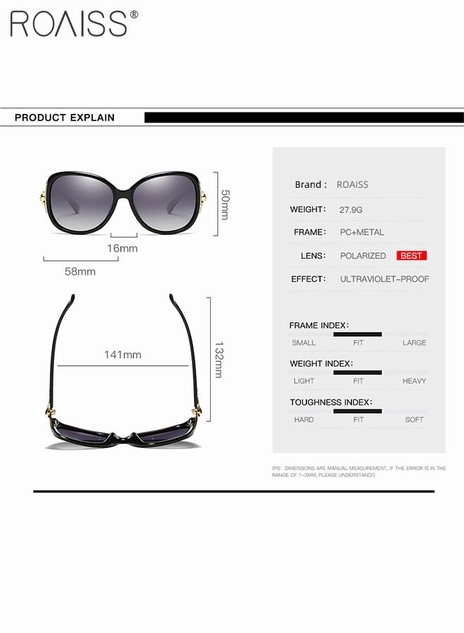 رويس نظارة شمسية مستقطبة بيضاوية نسائية، نظارة الشمس الواقية من الأشعة فوق البنفسجية 400 بإطار أسود مزين بنمط الثعلب، ظلال شمس مضادة للوهج عصرية أنيقة للنساء مع حافظة النظارة، 58 ملم - Image 3