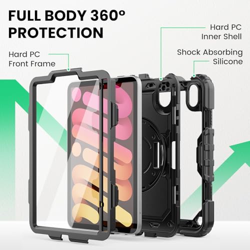 SEYMAC Case for iPad mini 7 (A17 Pro) 2024/ Mini 6 8.3″, Full-Body Shockproof Protective Case with Screen Protector, 360° Rotating Stand, Hand/Shoulder Strap for iPad mini 7th/ 6th Generation, Black - Image 5