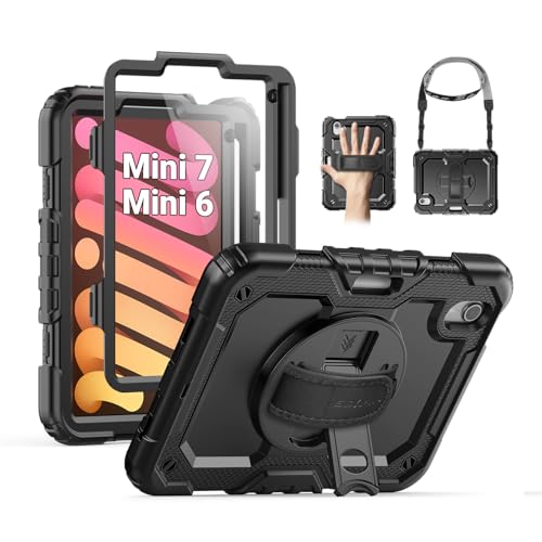 SEYMAC Case for iPad mini 7 (A17 Pro) 2024/ Mini 6 8.3″, Full-Body Shockproof Protective Case with Screen Protector, 360° Rotating Stand, Hand/Shoulder Strap for iPad mini 7th/ 6th Generation, Black - Image 1