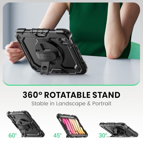 SEYMAC Case for iPad mini 7 (A17 Pro) 2024/ Mini 6 8.3″, Full-Body Shockproof Protective Case with Screen Protector, 360° Rotating Stand, Hand/Shoulder Strap for iPad mini 7th/ 6th Generation, Black - Image 4