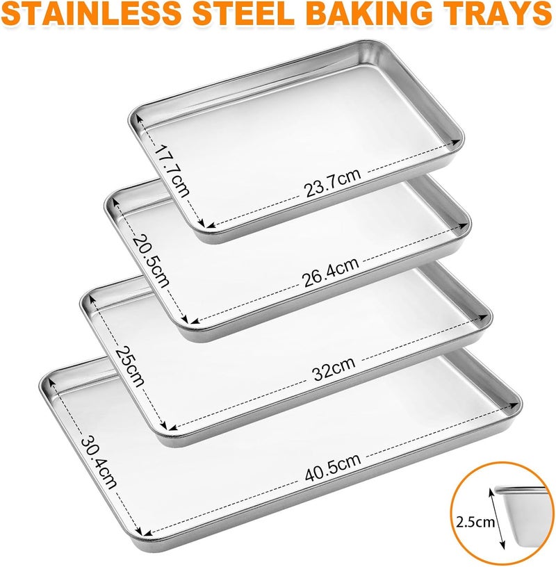 Wildone Baking Tray Set of 4, Essentials Stainless Steel Oven Tray Sets, Easy Cleaning Rectangle Sheet Oven Tray for Baking Cooking, Non Toxic, Rust Free, Dishwasher Safe (Large Size) - Image 2