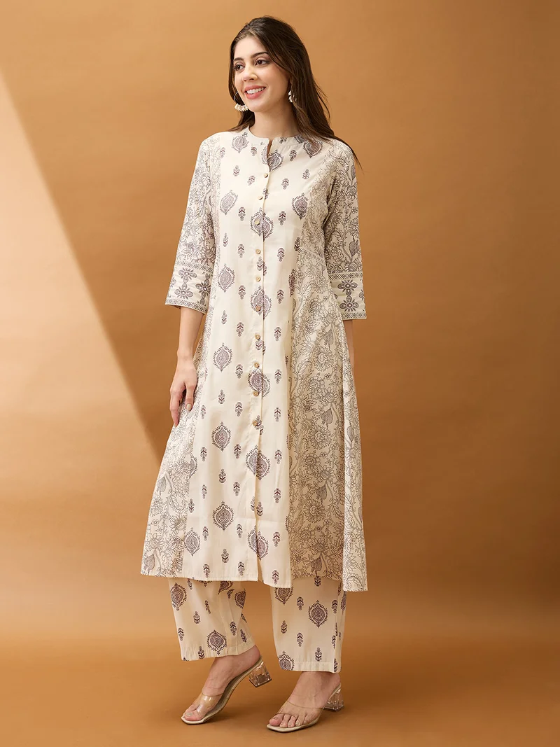 globus Women Beige Ethnic Print Mandarin Collar Button Down A-Line Kurta With Straight Pant Set