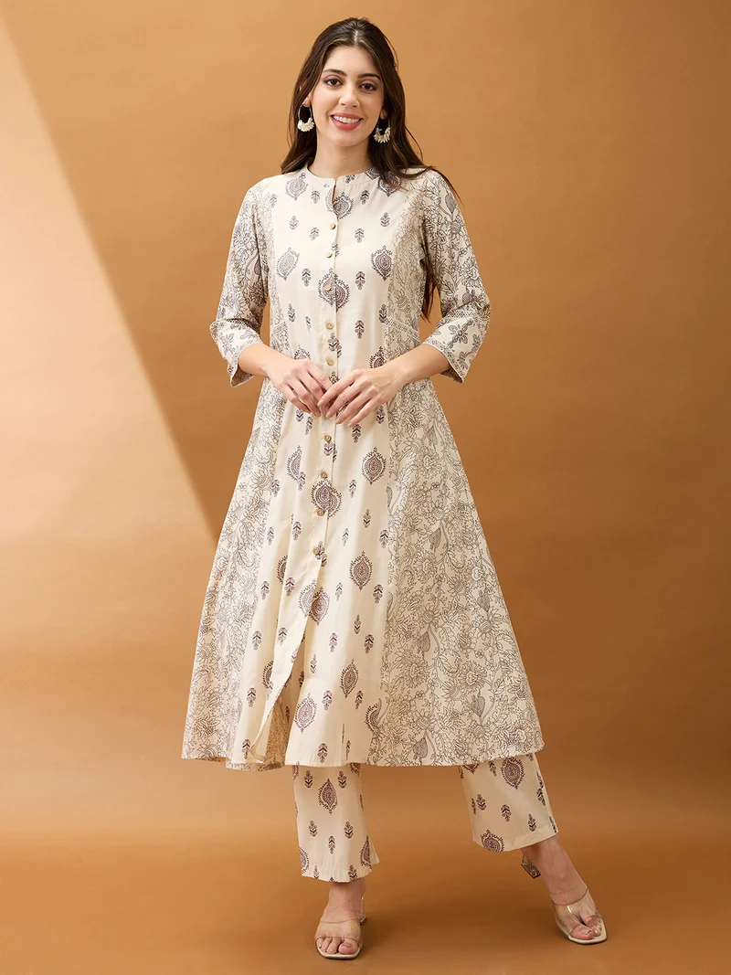 globus Women Beige Ethnic Print Mandarin Collar Button Down A-Line Kurta With Straight Pant Set