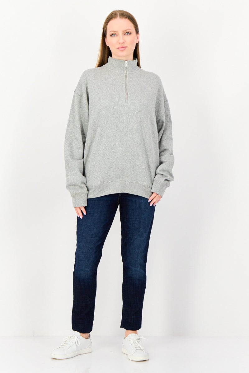 NIA Women Mock Neck Heather Half Zip Sweatshirt, Greey - Image 3