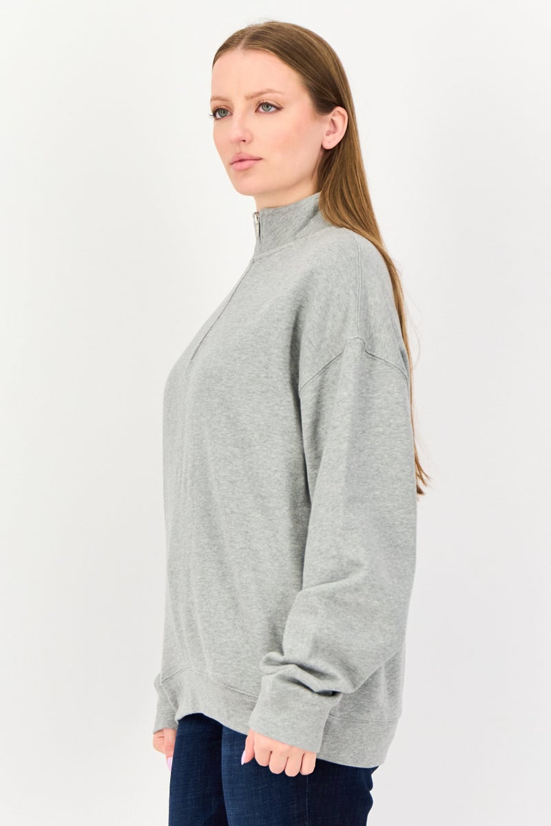 NIA Women Mock Neck Heather Half Zip Sweatshirt, Greey - Image 2