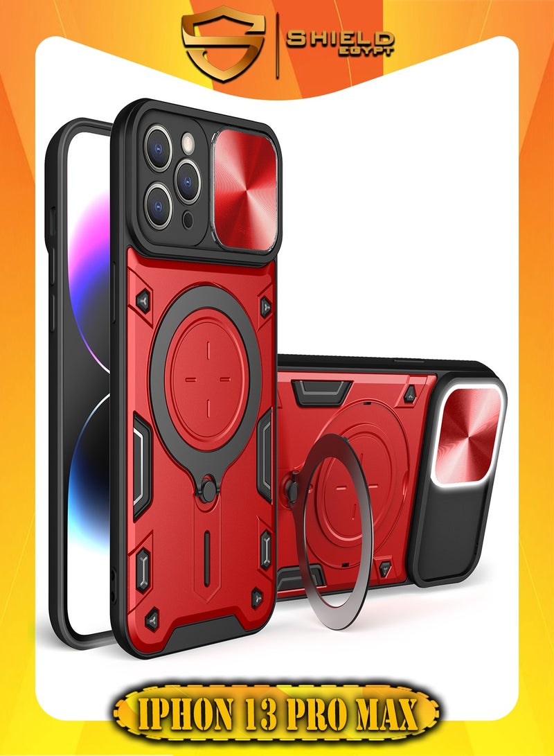 شيلد ايجيبت لهاتف ايفون 13 برو ماكس (iPhone 13 Pro Max) جراب حماية مع باب جرار لحماية عدسة  الكاميرا المدرعة مدمج بزاوية 360 درجة - (احمر)