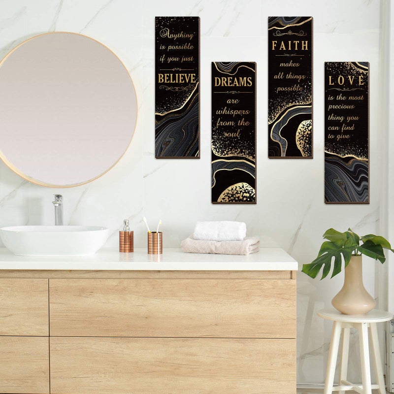 Chitidr 4 Pcs Golden Bathroom Wall Decor Inspirational Quote Wooden Sign Gold Art Signs Love Faith Believe Dream Wall Decor for Living Room Bathroom Accessories(11.4 x 3.5 Inch,Black and Gold) - Image 3