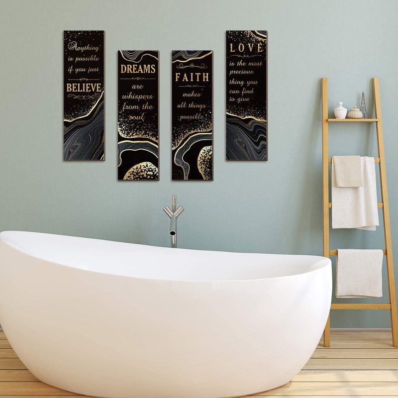 Chitidr 4 Pcs Golden Bathroom Wall Decor Inspirational Quote Wooden Sign Gold Art Signs Love Faith Believe Dream Wall Decor for Living Room Bathroom Accessories(11.4 x 3.5 Inch,Black and Gold) - Image 4