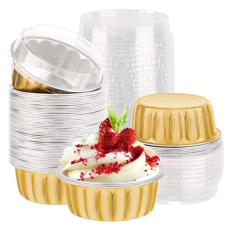 أكواب كعك الألمنيوم EUSOAR الذهبية 50 حبة 8 أونص قابلة للتصرف لأكواب كريمة بروليه وأكواب كعك وأكواب حلوى وأواني فطائر وقوالب فطائر وأكواب ألمنيوم مع أغطية للخبز