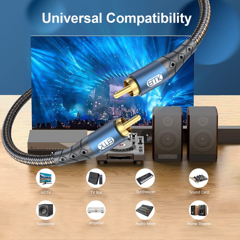 EMK Subwoofer Cable RCA to RCA Audio Cable 24K Gold-Plated Nylon Braided Double Shielded Digital Analogue Supports Amplifiers,Home Theater,Hi-Fi Systems,Subwoofer(6.6ft/2m) - Image 2