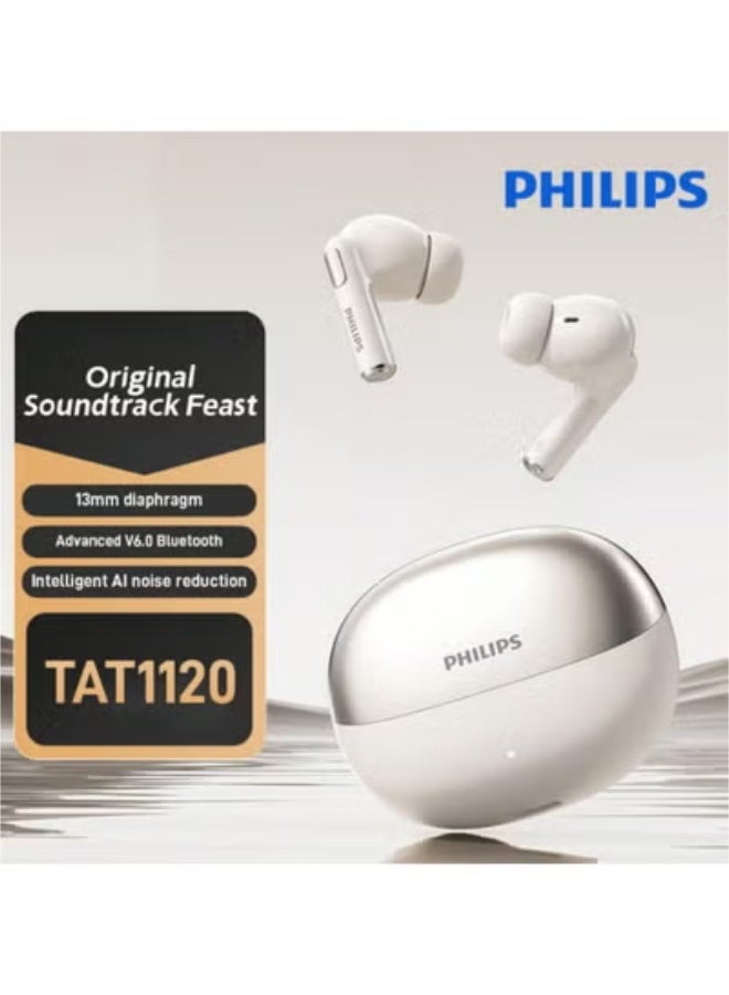 Philips TAT1120 True Wireless Bluetooth Earbuds - White, Bluetooth 6.0 Long Battery Life, Comfortable In-Ear Music Headphones WHITE - Image 1
