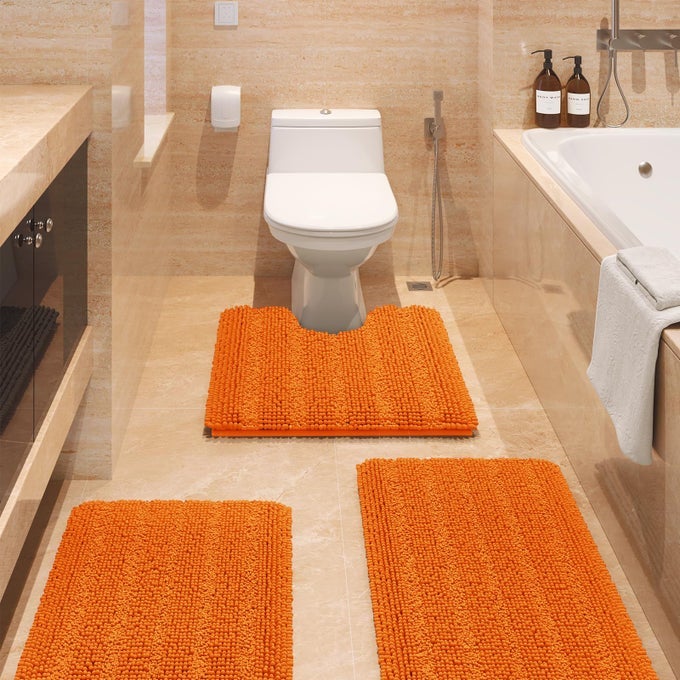 STRIPED ORANGE BATHROOM RUG SET 3 PIECES ULTRA SOFT NON SLIP CHENILLE TOILET MAT ABSORBENT PLUSH SHAGGY BATH MATS FOR BATHROOM BEDROOM KITCHEN