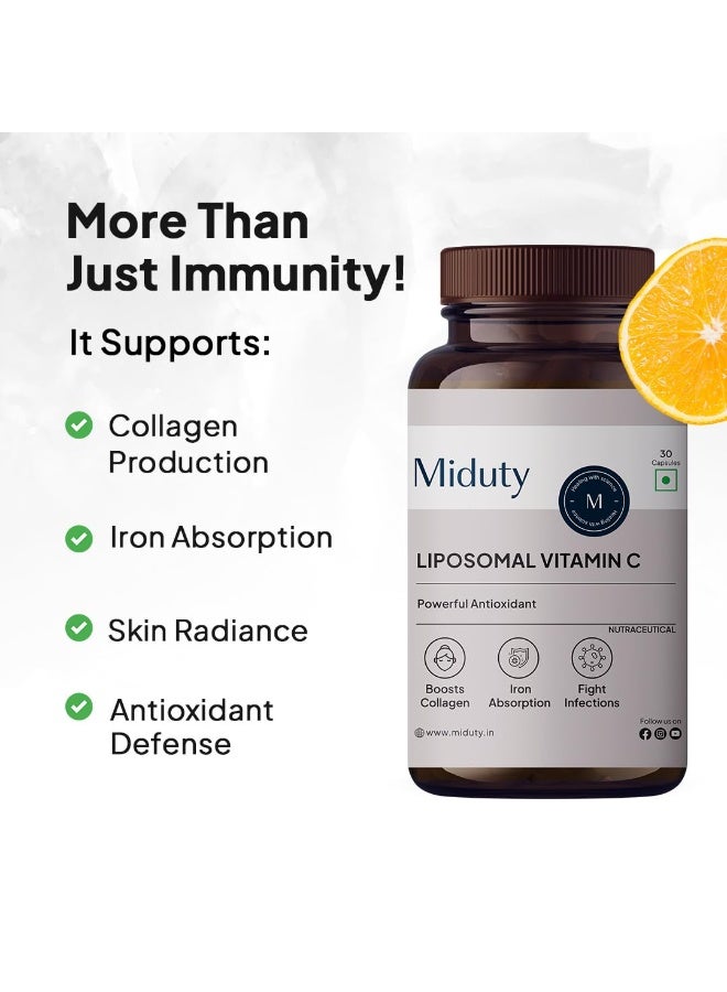 Miduty Liposomal Vitamin C Supplement - Antioxidant Vitamin, Skin Rejuvenation & Immunity Booster Supplement Helps to Boost Collagen for Skin, Hair & Nails - 30 Capsules - Image 3