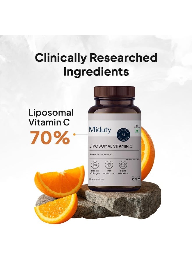 Miduty Liposomal Vitamin C Supplement - Antioxidant Vitamin, Skin Rejuvenation & Immunity Booster Supplement Helps to Boost Collagen for Skin, Hair & Nails - 30 Capsules - Image 2