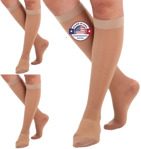 ABSOLUTE SUPPORT (3 Pairs - Closed Toe) Made in USA - Compression Socks for Women 15-20mmHg - Sheer Compression Knee High Stockings for Post Surgery, Pregnancy, Arthritis, Edema - Natural, Large - A101NA3-3 - Image 1