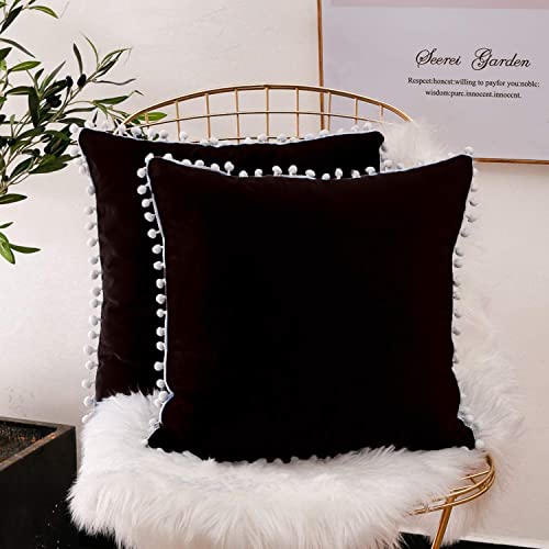 CottonFry Set of 2 Cushion Covers/Throw Pillow Covers Size 16"X16" Inches with Pom Poms, Soft Square Velvet Pillowcases Home Decor (Black, Pack of 2) - Image 1