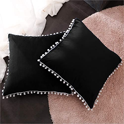 CottonFry Set of 2 Cushion Covers/Throw Pillow Covers Size 16"X16" Inches with Pom Poms, Soft Square Velvet Pillowcases Home Decor (Black, Pack of 2) - Image 2