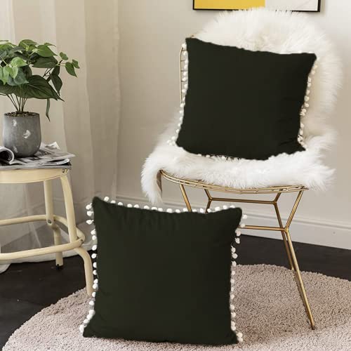 CottonFry Set of 2 Cushion Covers/Throw Pillow Covers Size 16"X16" Inches with Pom Poms, Soft Square Velvet Pillowcases Home Decor (Black, Pack of 2) - Image 3