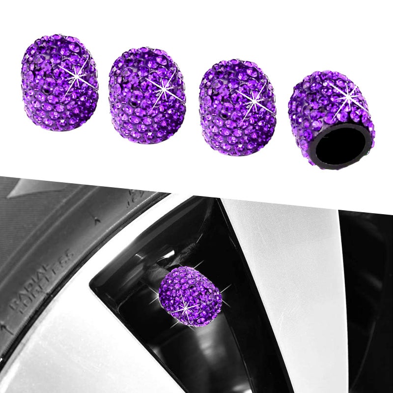 Kewucn Bling Car Tire Valve Stem Caps 4 Pack Handmade Sparkling Crystal Rhinestone Stem Covers Dustproof Wheel Tire Valve Caps Universal Accessories for Car Truck Motorcycle Bike Purple - Image 3