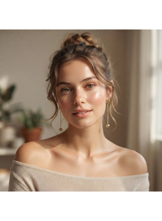 Julia Store 18K Gold Plated Stainless Steel Aesthetic Exquisite Luxury Elegant Dainty Cute Trendy Delicate Modern Lovely Ball Dangle Drop Thin Herringbone Snake Chain Hoop Earrings Jewelry Gift For Women - Image 3