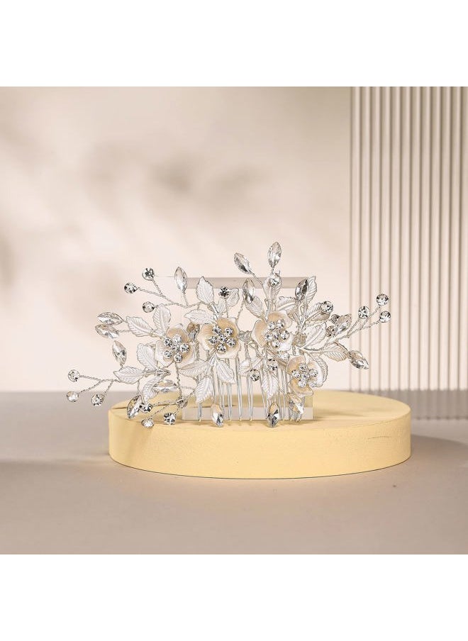 EVER FAITH - Wedding Side Comb for Bride Bridesmaid, Crystal Filigree Blooming Flower Cluster Leaf Bridal Headpiece Hair Accessories for Women and Clear Silver-Tone - Image 1