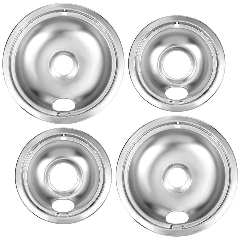 Drip Pan KitUniversal Chrome Burner Drip Bowls Replacement for Whirlpool Kitchen Aid Range Parts W10278125 W10196405 W10196404 Pack 2x6 and 2x8