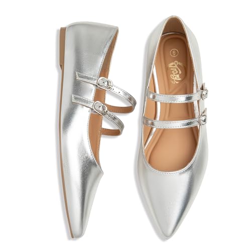 Trary Silver Flats for Women, Mary Jane Shoes Women Closed Pointed Toe Ballet Flats Dressy Comfortable Slip on Shoes Leather Mary Janes Size 6.5 - Image 3