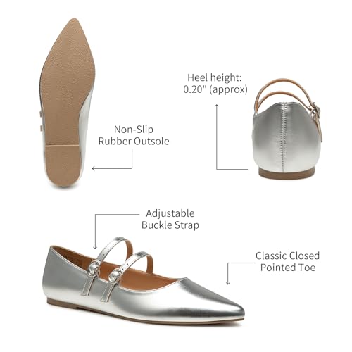 Trary Silver Flats for Women, Mary Jane Shoes Women Closed Pointed Toe Ballet Flats Dressy Comfortable Slip on Shoes Leather Mary Janes Size 6.5 - Image 4