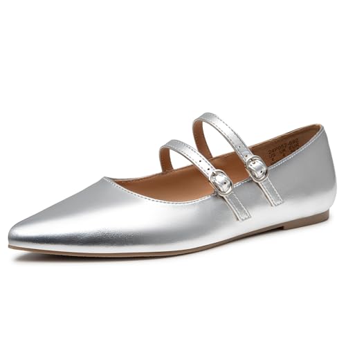 Trary Silver Flats for Women, Mary Jane Shoes Women Closed Pointed Toe Ballet Flats Dressy Comfortable Slip on Shoes Leather Mary Janes Size 6.5 - Image 1
