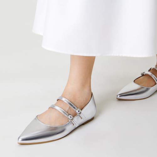 Trary Silver Flats for Women, Mary Jane Shoes Women Closed Pointed Toe Ballet Flats Dressy Comfortable Slip on Shoes Leather Mary Janes Size 6.5 - Image 5