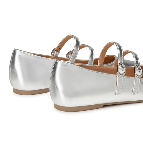 Trary Silver Flats for Women, Mary Jane Shoes Women Closed Pointed Toe Ballet Flats Dressy Comfortable Slip on Shoes Leather Mary Janes Size 6.5 - Image 2