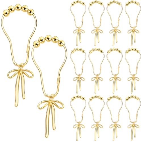 Maxdot 12 Pcs Gold Bow Knot Shower Curtain Hooks Rustproof Metal Decorative Bow Knot Shower Hangers Bulk Glide Curtain Rings for Bathroom Bedroom Living Room Decor - Image 1