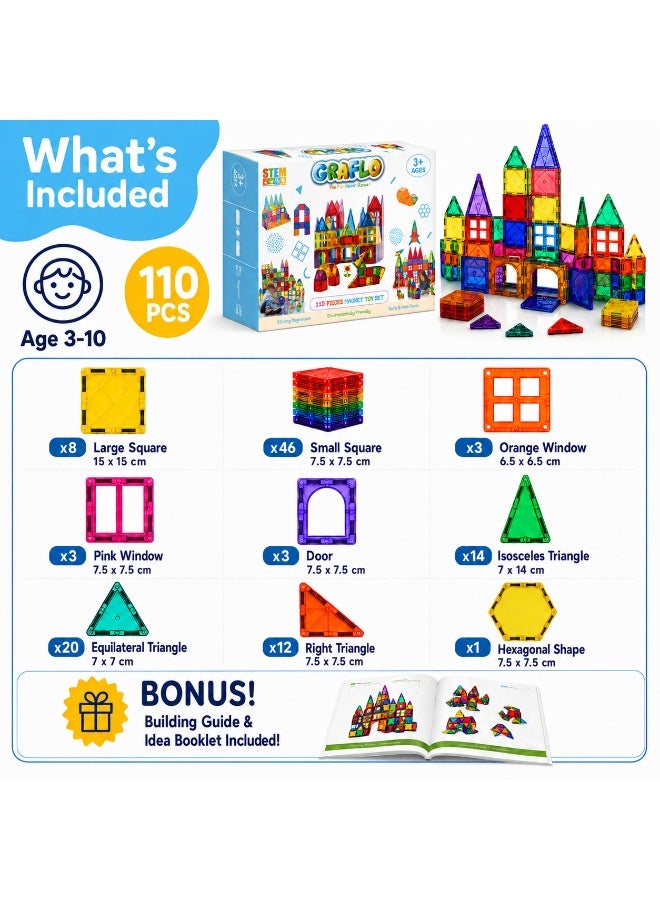 GRAFLO Magnetic Tiles 110 Pcs Building & Construction Set Vibrant 3D Building Toys - Magnetic Tiles for Kids - STEM Toy - Magnet Puzzles Stacking Blocks for Boys Girls - Ages 3-10 - Image 3