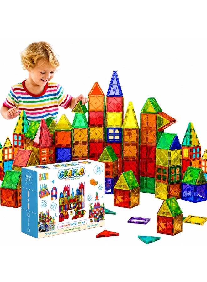 GRAFLO Magnetic Tiles 110 Pcs Building & Construction Set Vibrant 3D Building Toys - Magnetic Tiles for Kids - STEM Toy - Magnet Puzzles Stacking Blocks for Boys Girls - Ages 3-10 - Image 1