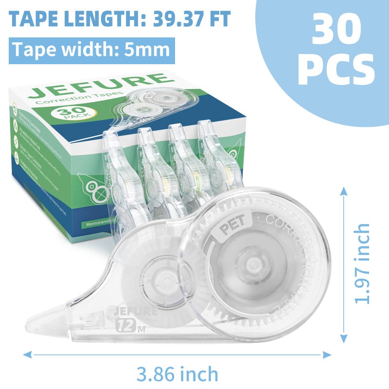 JEFURE 30 Pcs Correction Tape, 39.4 Ft White Wrong Out Tear-Resistant Bulk, Instant Corrections Easy To Use Applicator for School, Office, Note Taking, Journal (Tape Width 0.2 in, Clear) - Image 2