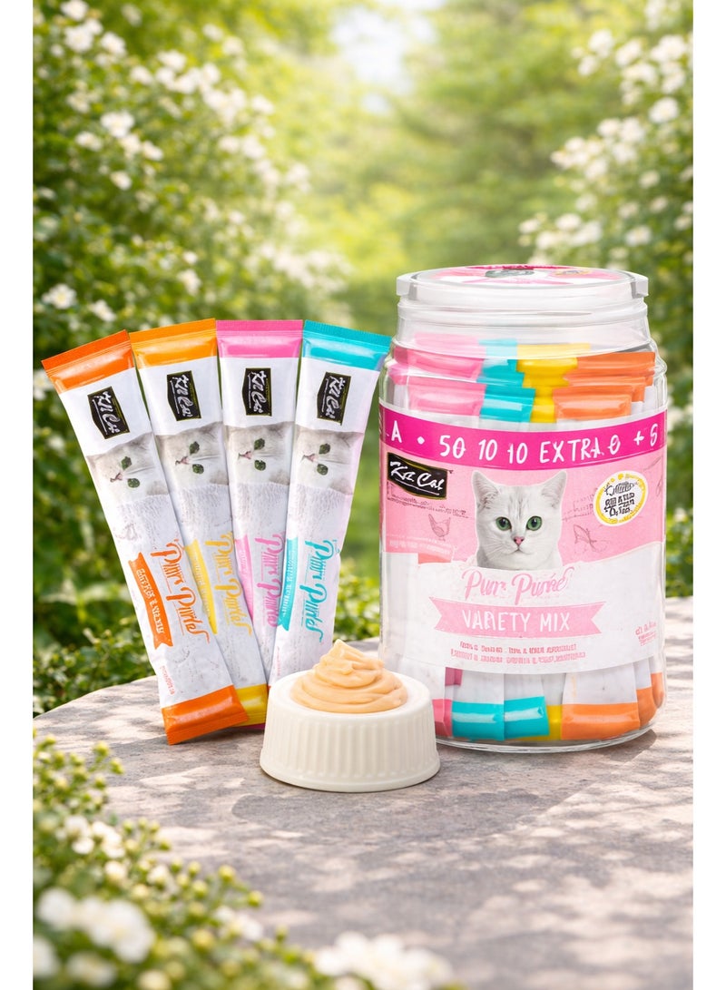 Kit Cat Super Premium Purr Purrée Variety Mix Liquid Cat Treats Mega Value Pack 50 + 10 Extra Free - Image 1