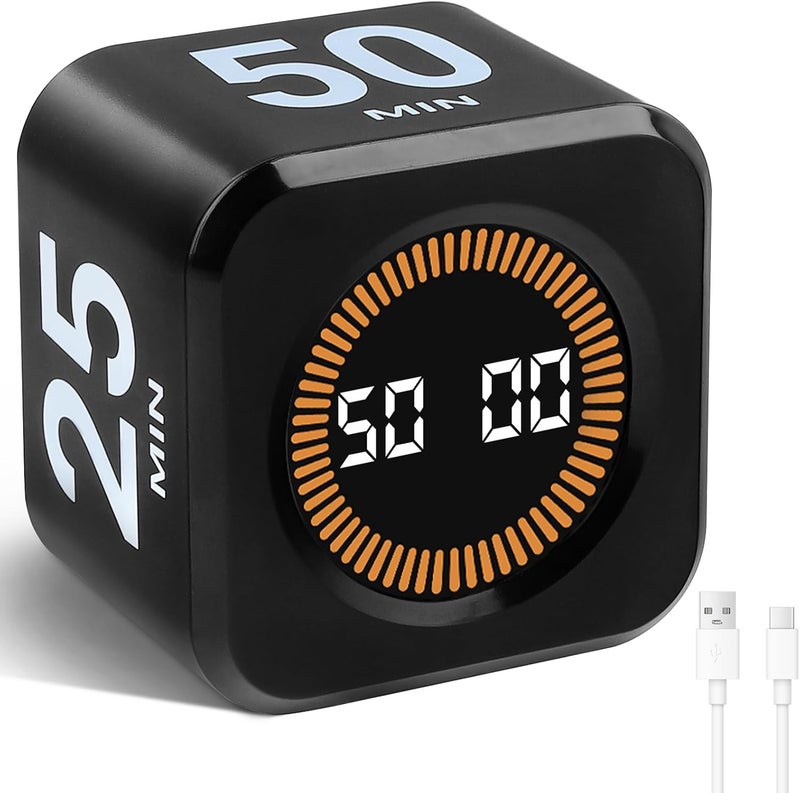 Cuteefun Cube Visual Timer, Rotation Pomodoro Timer, 5/10/25/50 Minutes & Custom Countdown, Customizable Time Storage, Mute & Ring Mode, USB C Rechargeable, for Kitchen, Meetings, Desk, Study, Black - Image 1