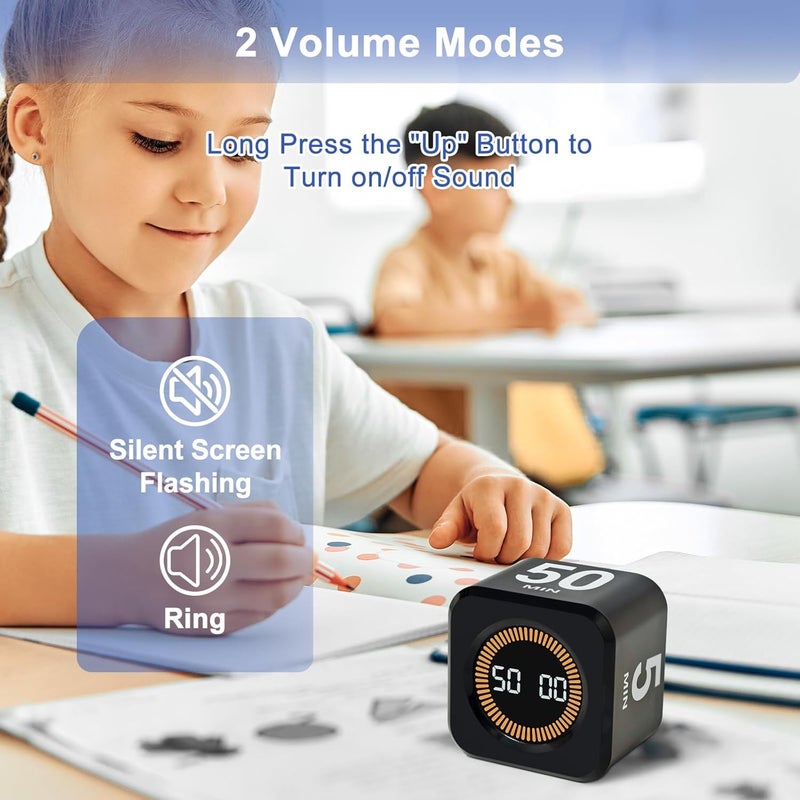 Cuteefun Cube Visual Timer, Rotation Pomodoro Timer, 5/10/25/50 Minutes & Custom Countdown, Customizable Time Storage, Mute & Ring Mode, USB C Rechargeable, for Kitchen, Meetings, Desk, Study, Black - Image 5