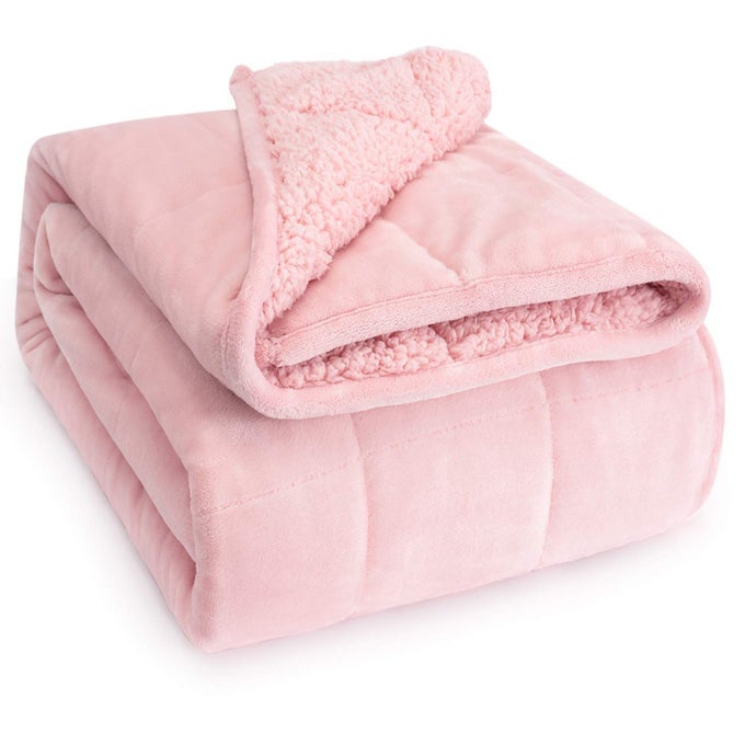 SHERPA FLEECE WEIGHTED BLANKET FOR ADULT 15 LBS DUAL SIDED COZY FLUFFY HEAVY BLANKET ULTRA FUZZY THROW BLANKET WITH SOFT PLUSH FLANNEL TOP 60 X 80 INCHES PINK ON BOTH SIDES