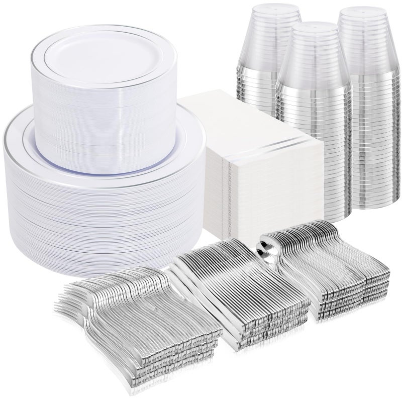 NOCCUR 700PCS Silver Plastic Plates Disposable for 100 Guests Include 100 DinnerDessert White Plastic Plates with Silver Trim300 Cutlery100 Cups100 Napkins for PartyWedding
