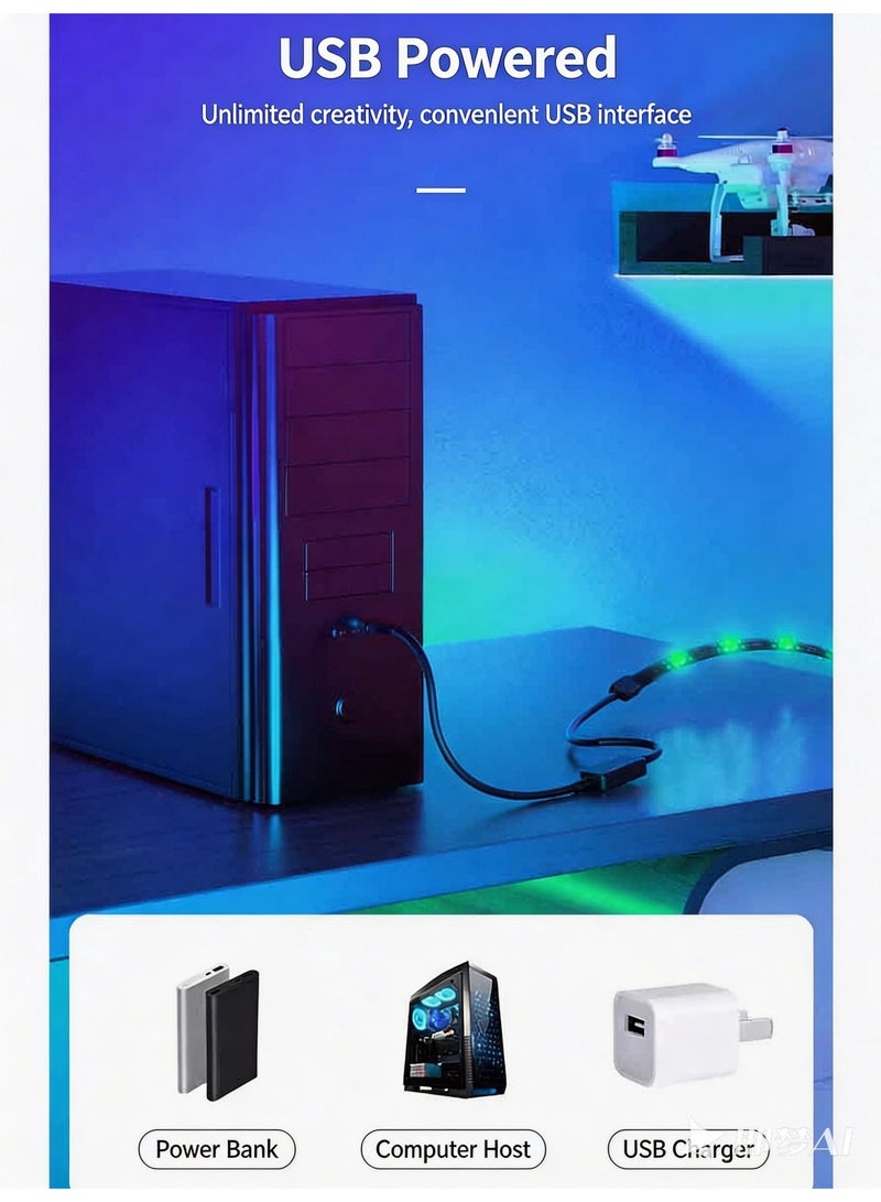 إرنيا شريط إضاءة ليد RGB، إضاءة قيمنق ملونة، مزود بجهاز تحكم عن بُعد، يعمل عبر USB، مقاوم للماء، ألوان RGB 5050 زاهية، مثالي كإضاءة ليد لتزيين الغرف وغرف النوم، شريط جداري متعدد الألوان، DIY، بطول 2 متر - Image 5