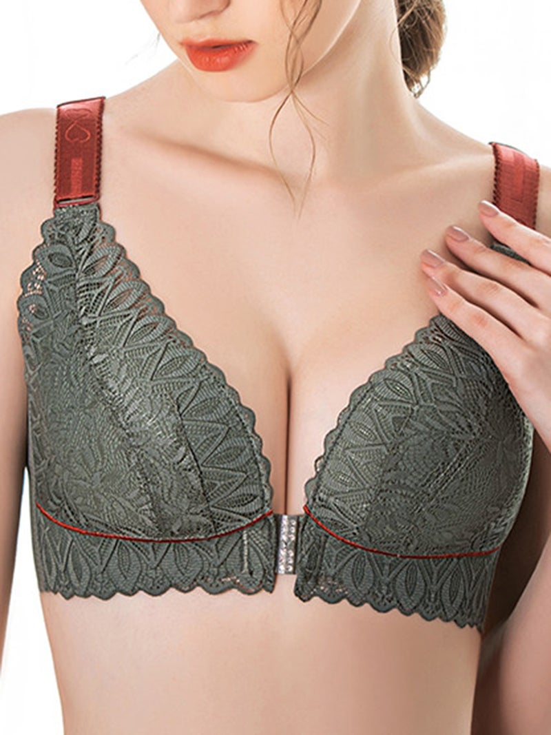 Large Size Wirefree Lace Bra: 44B Army Green, Soft Sponged 3/4 Cups, Front Clip Closure, Adjustable Shoulder Straps - Convenient On Off for Full Figured Women - Image 1
