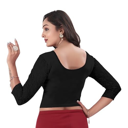 DESI GIRL - Round Neck Cotton Lycra Regular Fit Saree Blouse for Women | 3/4 Net Sleeve Readymade Stretchy Plain Design Festive Blouse Perfect for Saree, Lehenga, Kurti | Black - 40 - Image 3