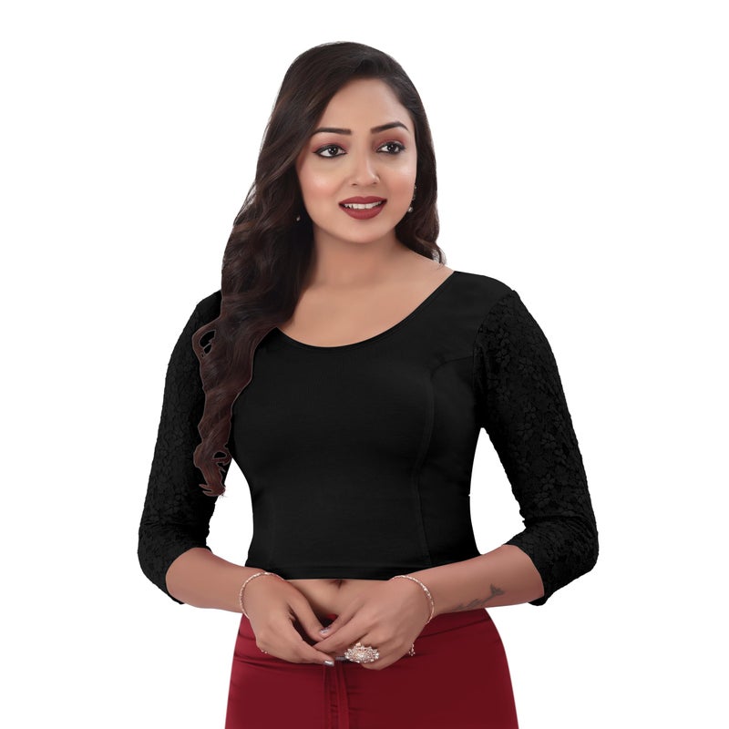 DESI GIRL - Round Neck Cotton Lycra Regular Fit Saree Blouse for Women | 3/4 Net Sleeve Readymade Stretchy Plain Design Festive Blouse Perfect for Saree, Lehenga, Kurti | Black - 40 - Image 5
