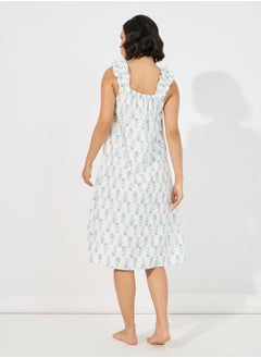 Styli Floral Print Ruffled Strap & Gathered Neck Nightdress  - Image 4