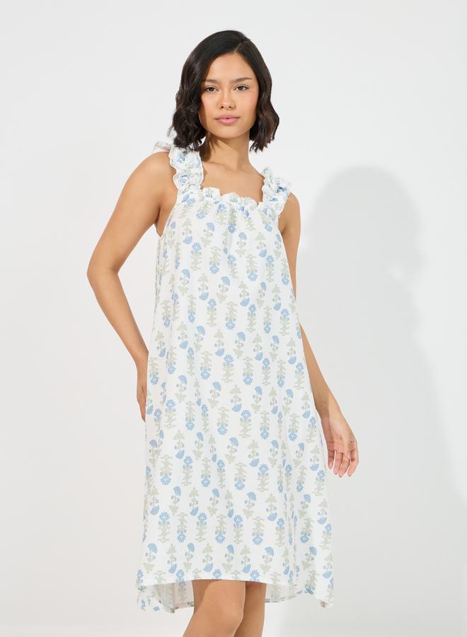 Styli Floral Print Ruffled Strap & Gathered Neck Nightdress  - Image 2
