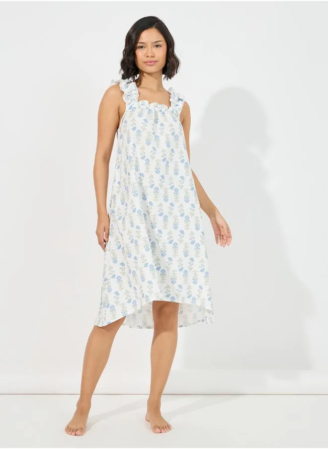 Styli Floral Print Ruffled Strap & Gathered Neck Nightdress